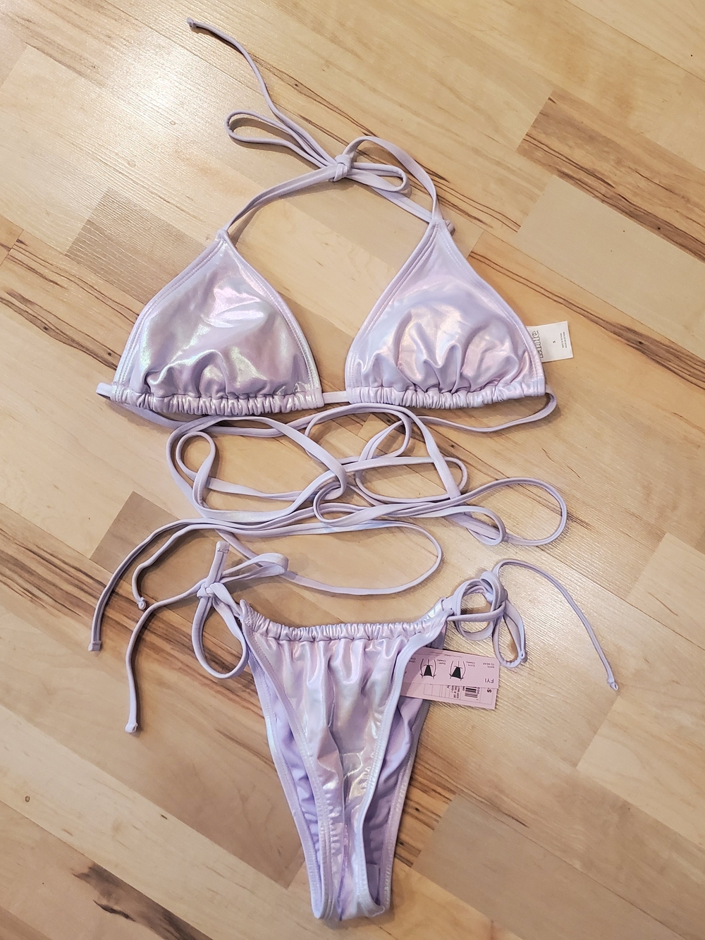 NWT Light Lavender Iridescent Extreme Wrap Ties Triangle Top With Cheeky Bottoms